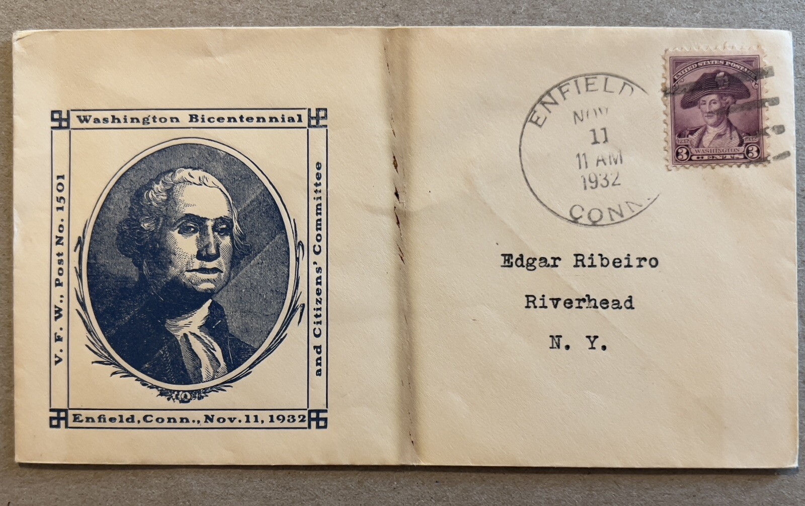 ERROR 1932 ENFIELD CONNECTICUT COVER WASHINGTON CACHET MISPRINTED DIAGONAL LINES ERROR 1932 ENFIELD CONNECTICUT COVER WASHINGTON CACHET MISPRINTED DIAGONAL LINES