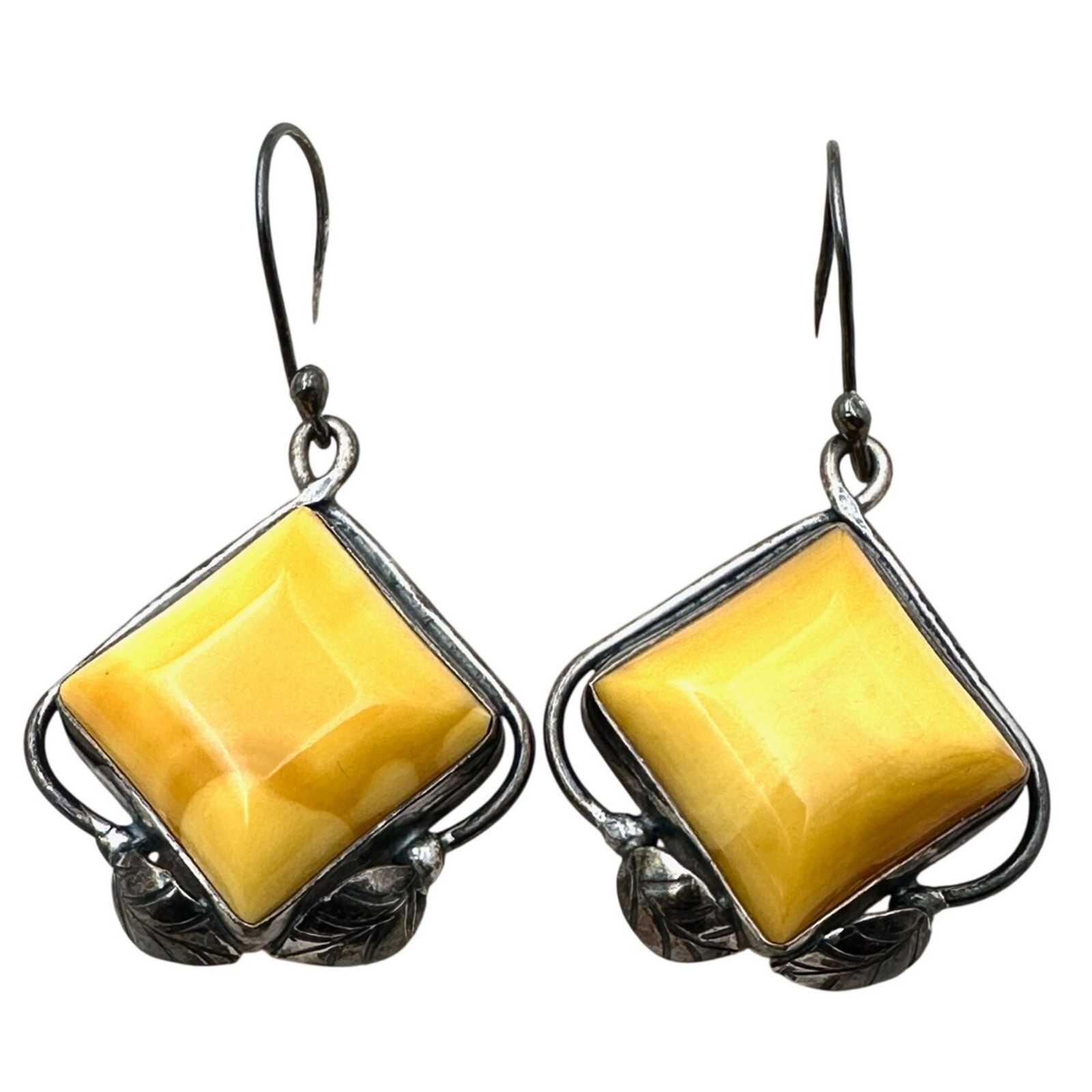Vintage Mid Century Artisan Natural Amber Sterling Silver Earrings Pierced