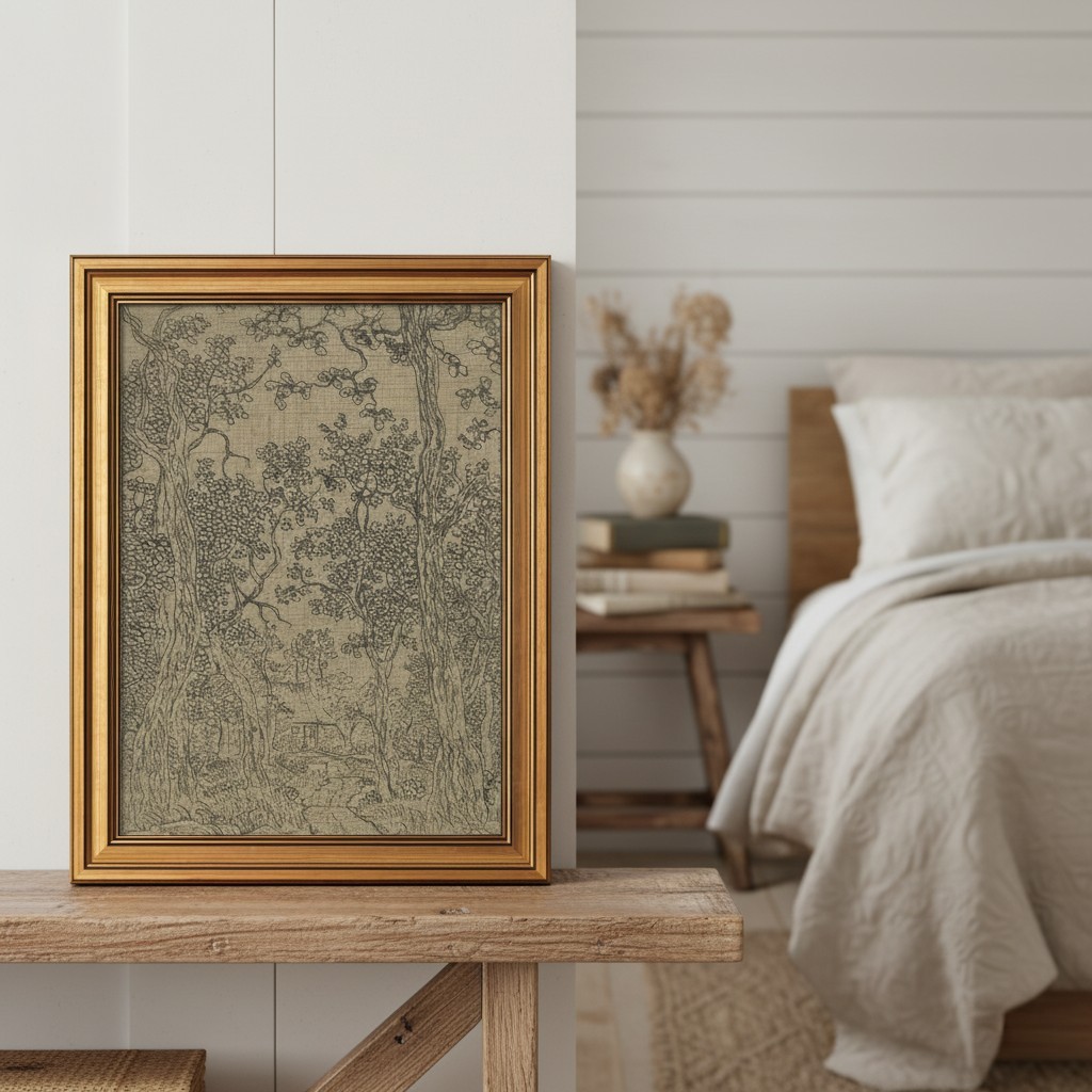 Charming Gold Framed Canvas Art – Dark Moody Vintage Floral Landscape, 12x16in