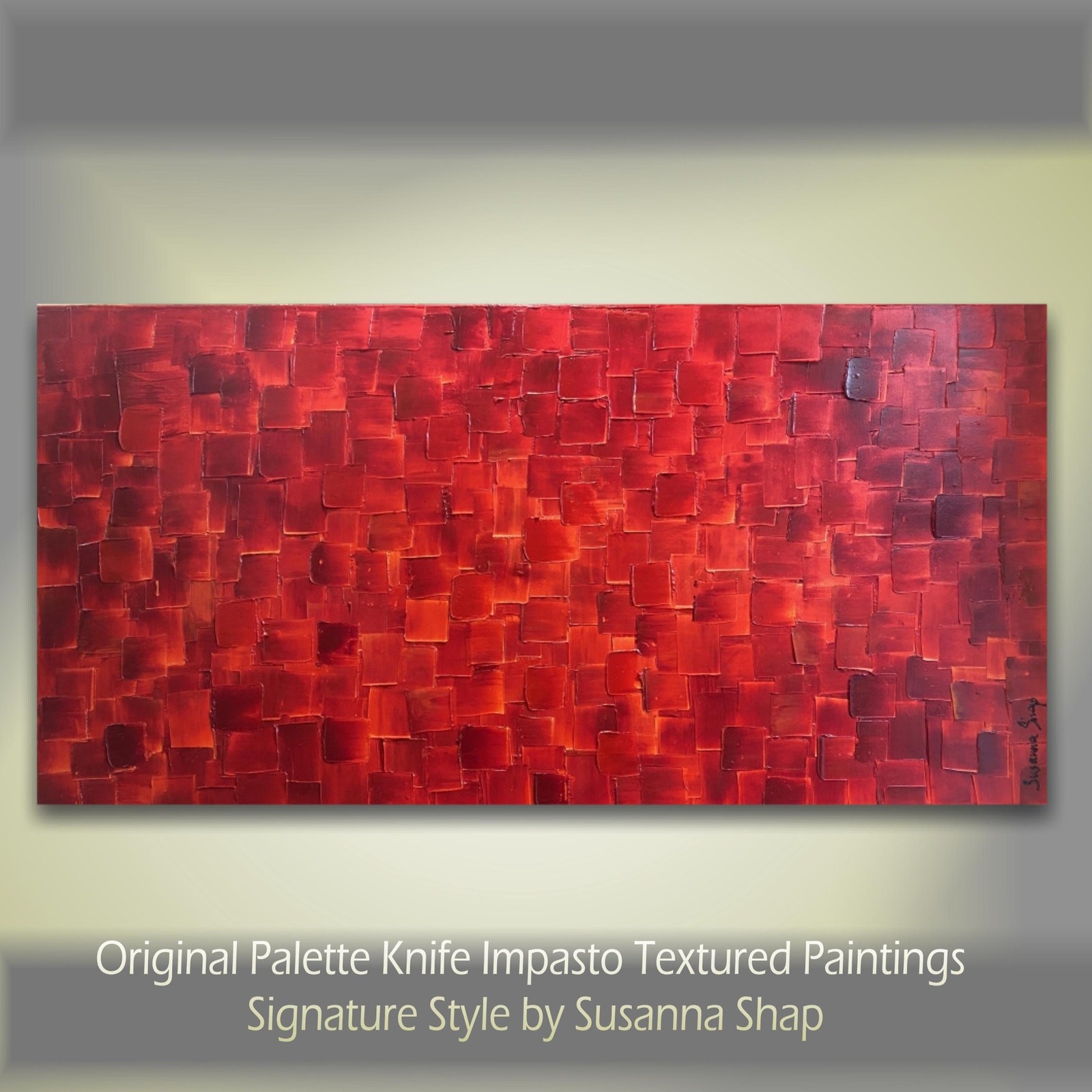ORIGINAL Large Red Abstract painting, Squares, Geometric Textured Fine Art 48x24