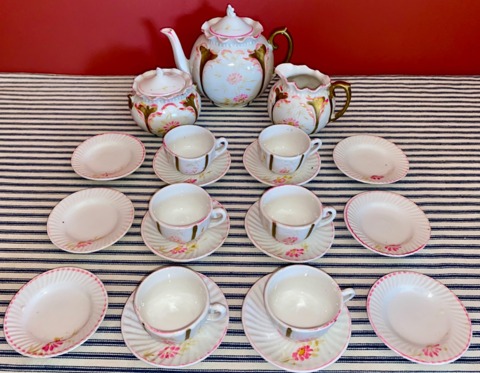 c. 1890 Antique German Child\'s Toy Tea Set, Service for 6, COMPLETE, 21 Pieces