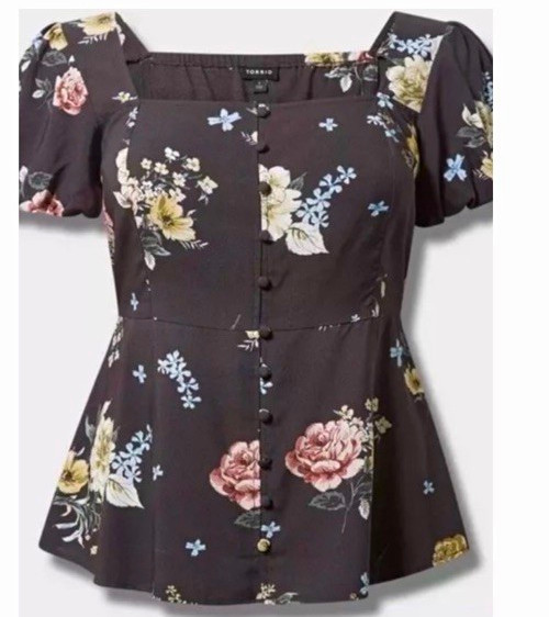 Torrid Womens Plus Size 2 Gray Floral Square Neck Peplum Puff Blouse Torrid Womens Plus Size 2 Gray Floral Square Neck Peplum Puff Blouse