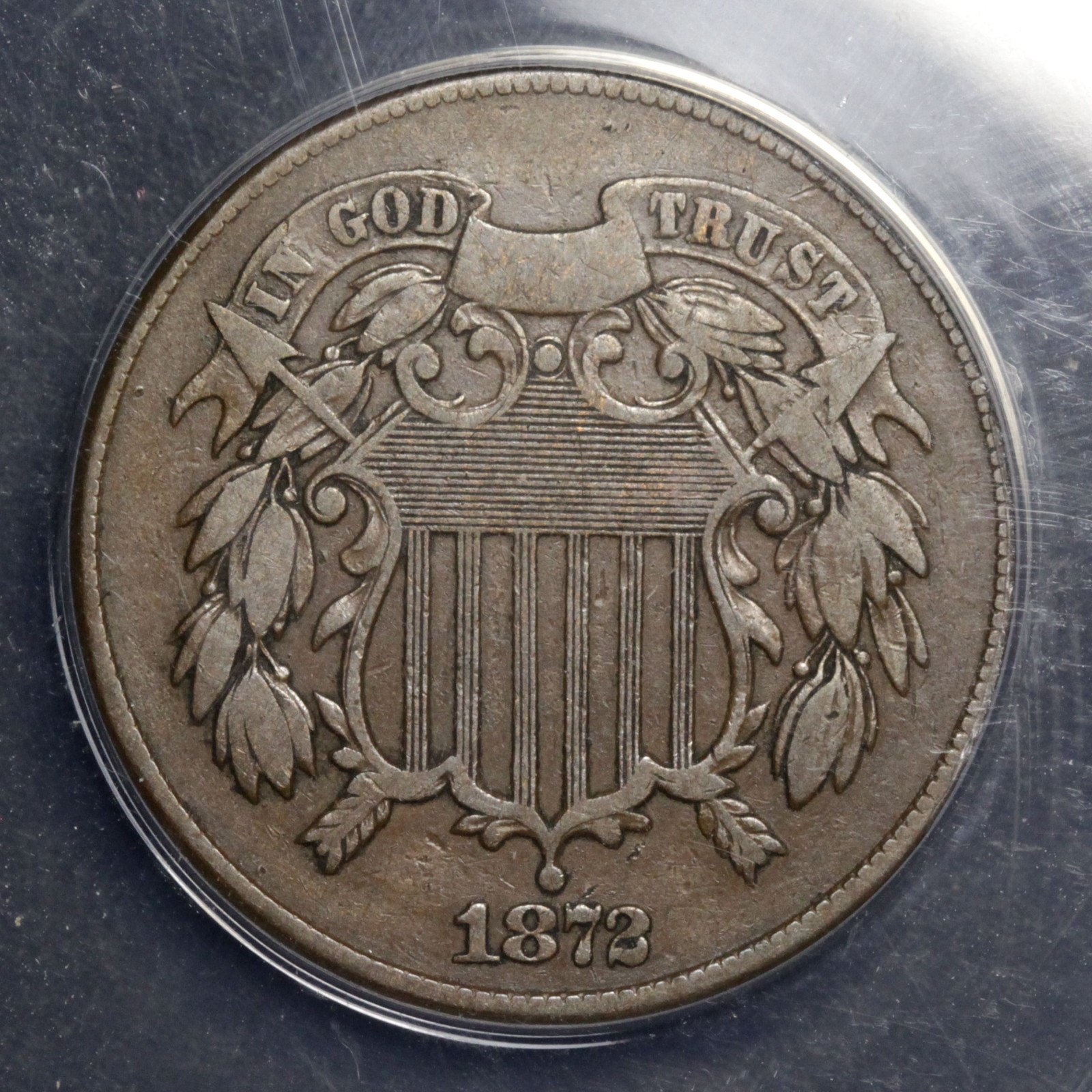1872 US Two Cent Piece ANACS F-12 Fine Slab Error Key Date Coin 2 Cents