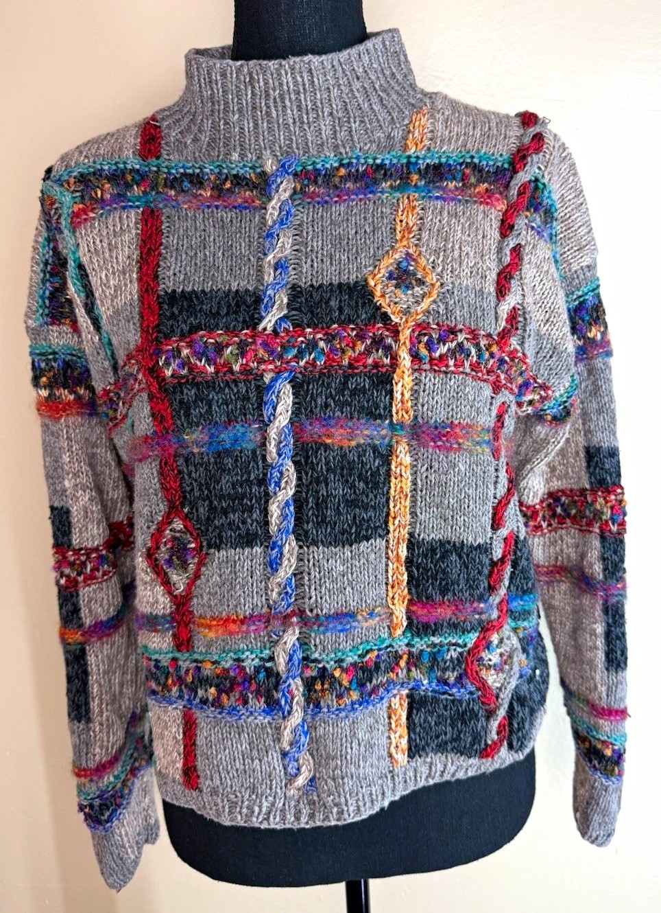 Vintage Debra Lubell Patchwork Knit Cardigan 90s Boho Sweater M