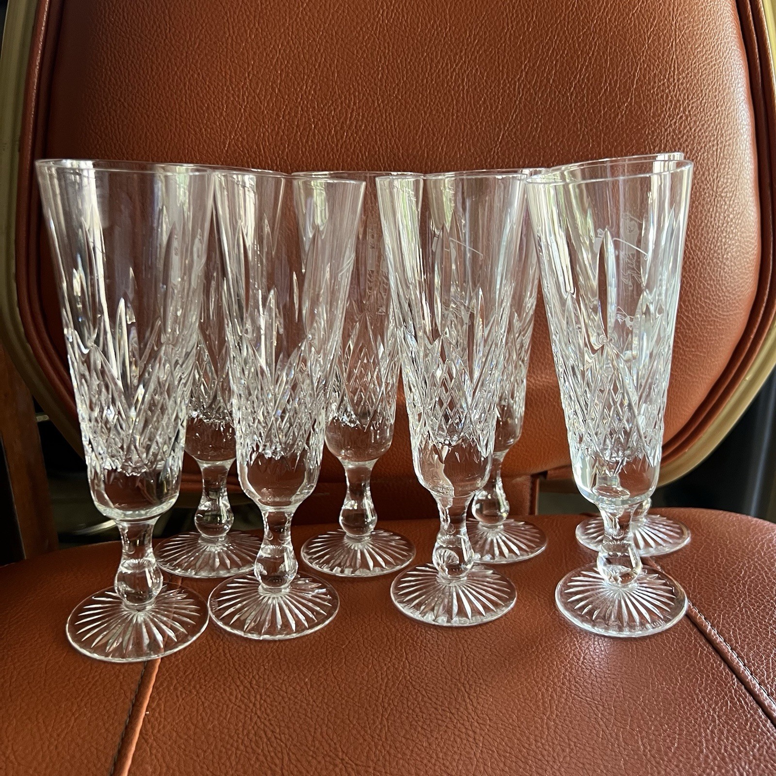 Vintage Stuart Crystal Glengarry Golfer Champagne Flutes Set of 8 England Signed