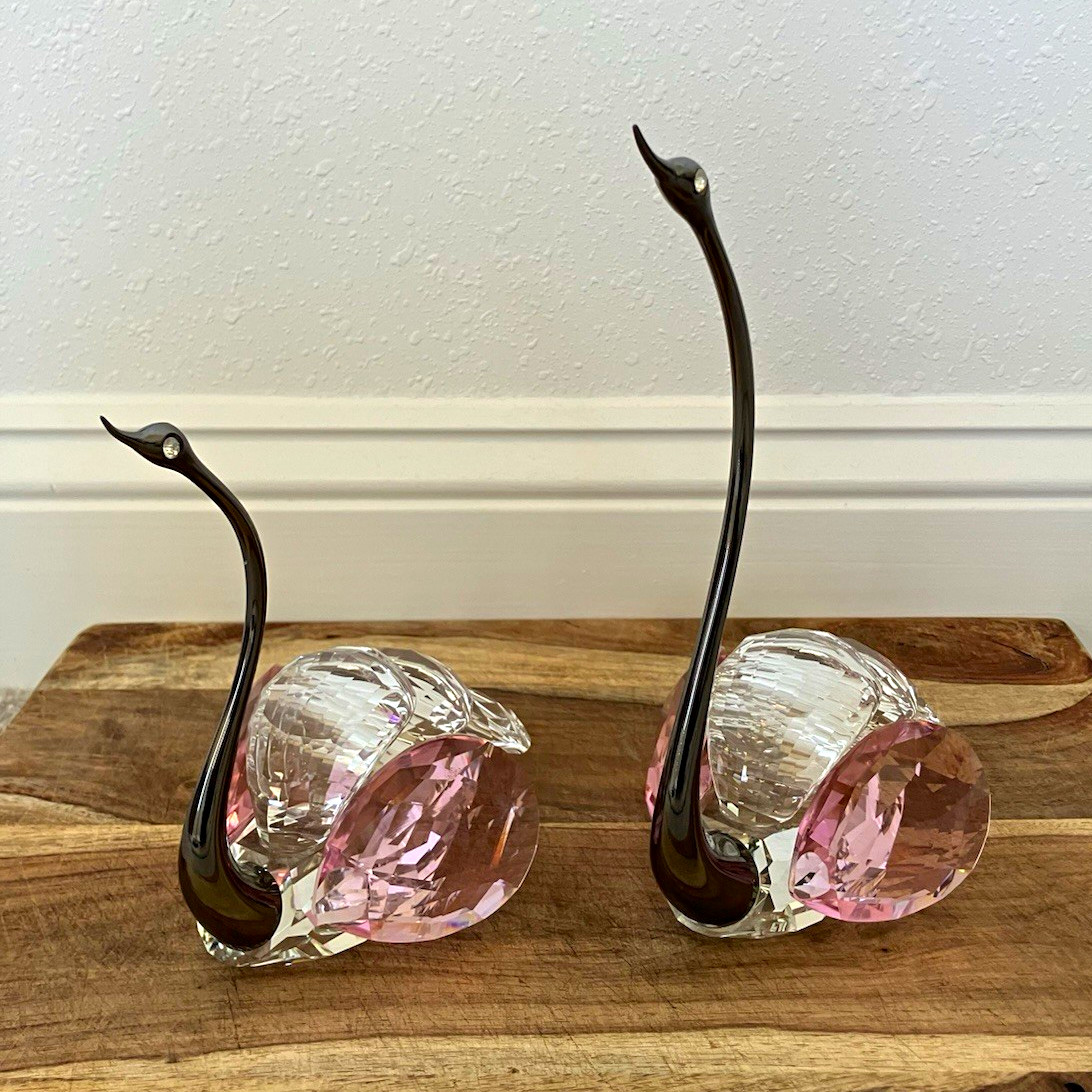 Pair of Pink & Clear Crystal Swan Figurines with Metal Necks Decor