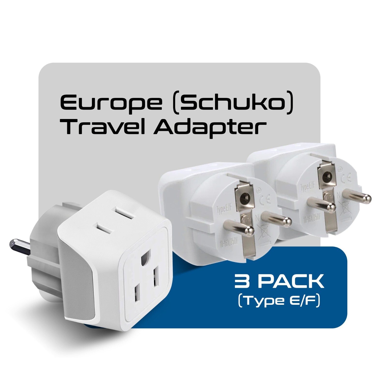 Ceptics USA to Germany, France (Schuko) Travel Adapter - Type E/F (CT-9, 3 PK)
