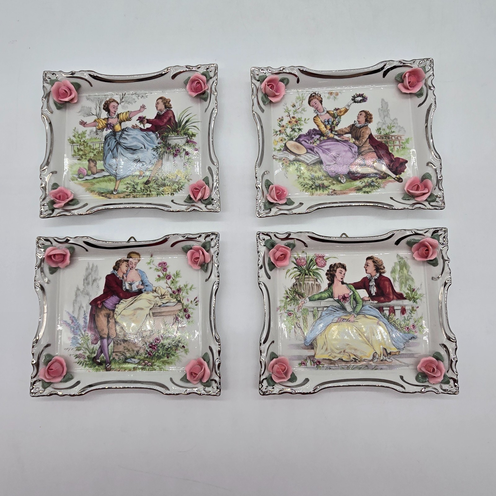 Set of 4 Dresden Porcelain Plaques Sandizell Courting Couple Roses Germany