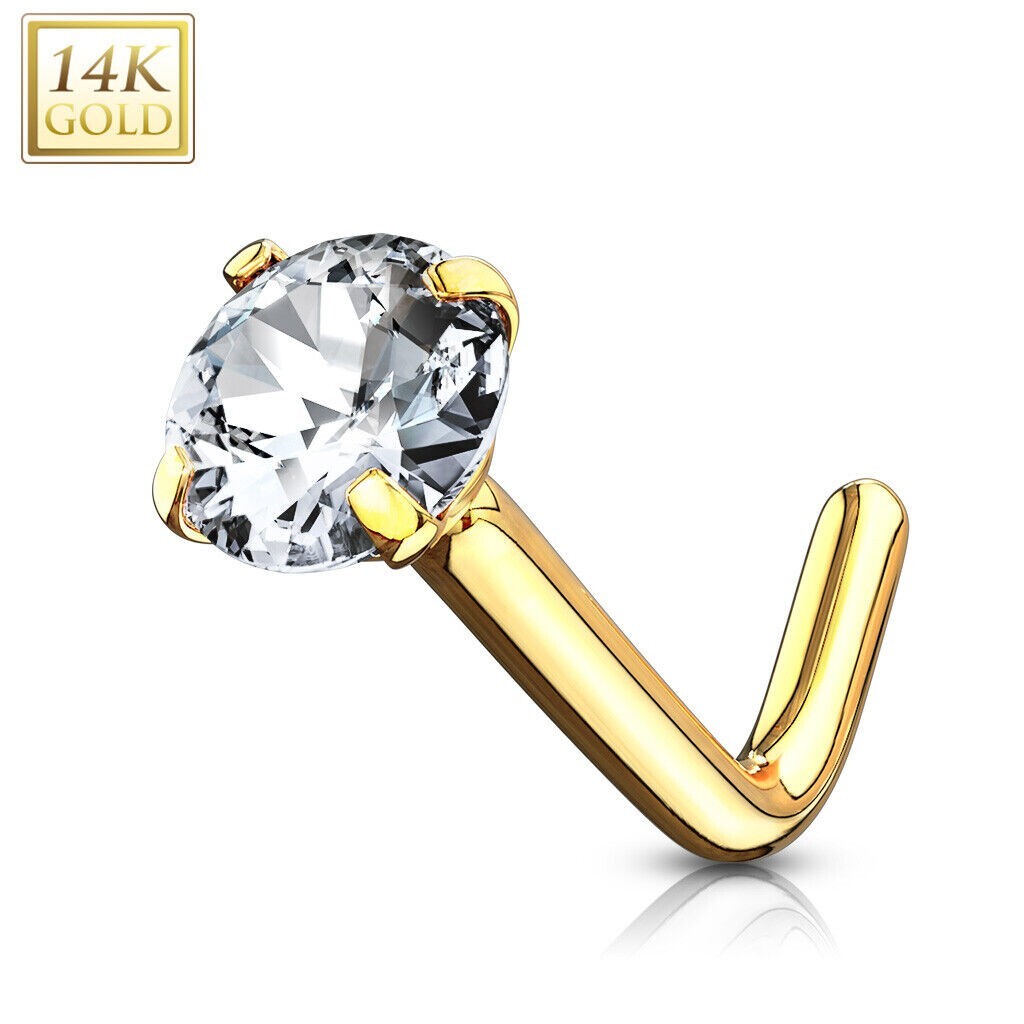 18G 14 Karat Solid Yellow Gold 14K L BEND Prong Set Gem Fishtail Stud Nose Ring