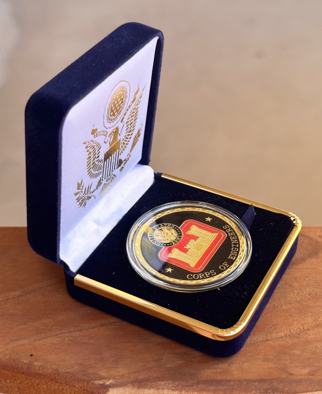 U.S. Army Corps of Engineers Challenge Coin - Great Giftin Blue Velvet Case