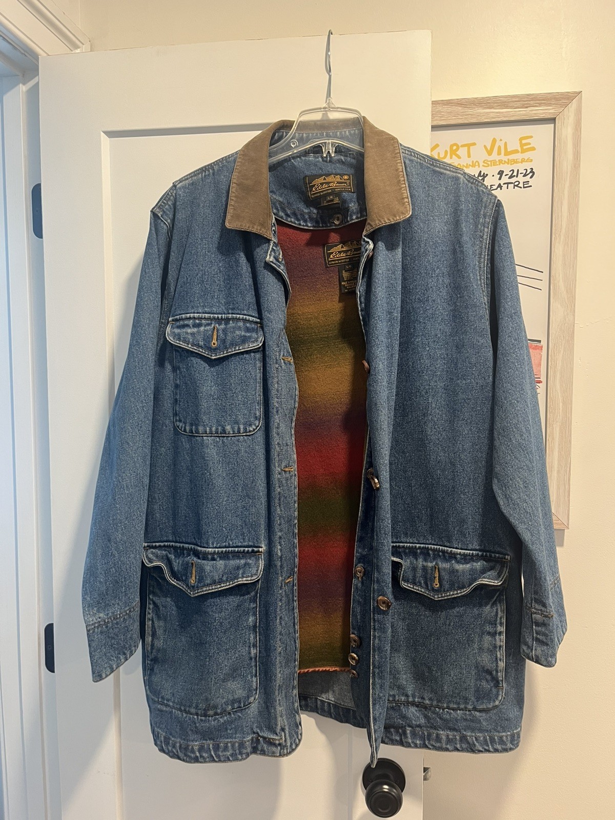 VTG Eddie Bauer Denim Jacket Mens L Chore Coat Corduroy Collar 90s Barn liner