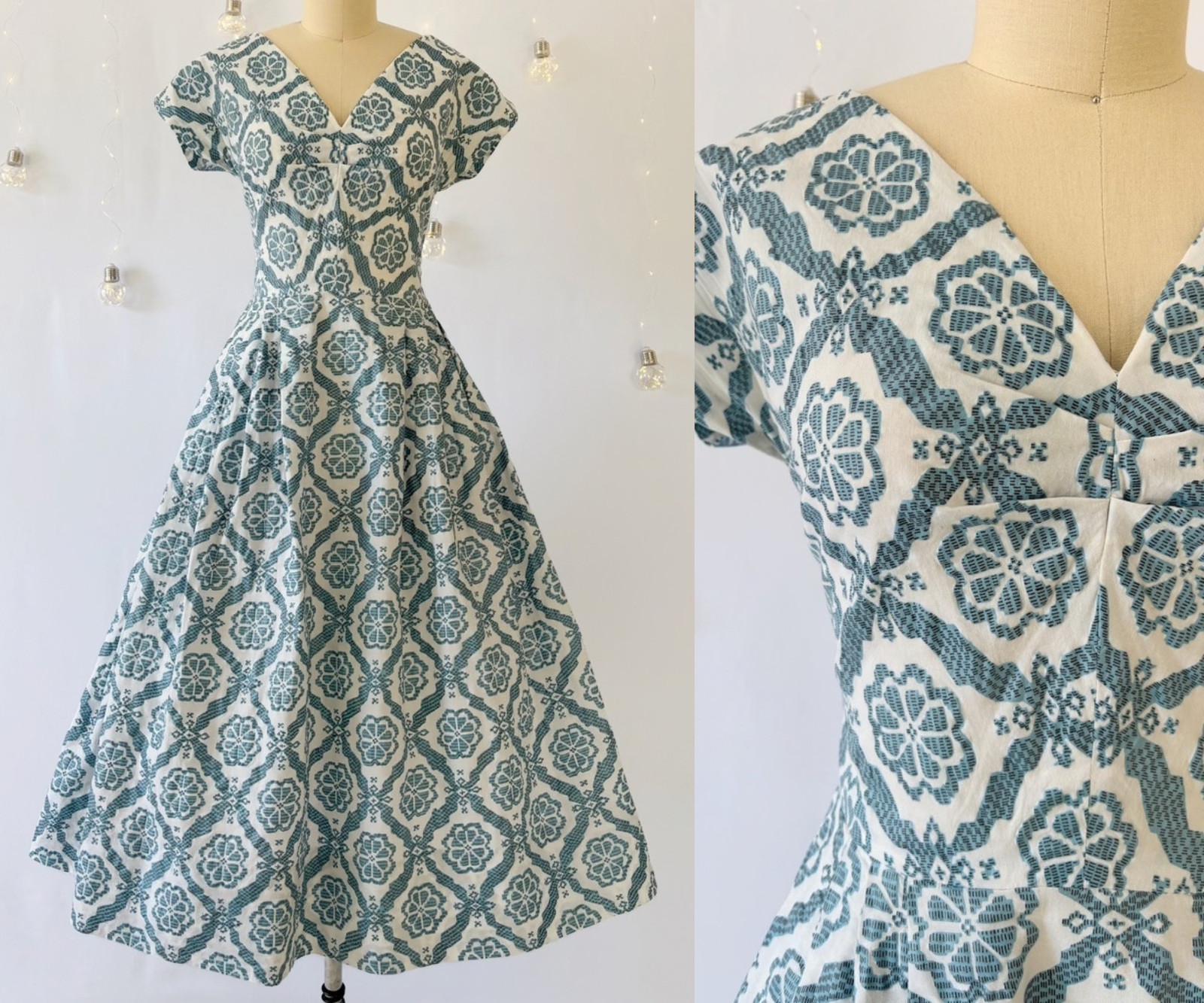 Vtg 1950s White Blue Geometric Floral Print Fit & Flare Midi Dress, Medium 50s