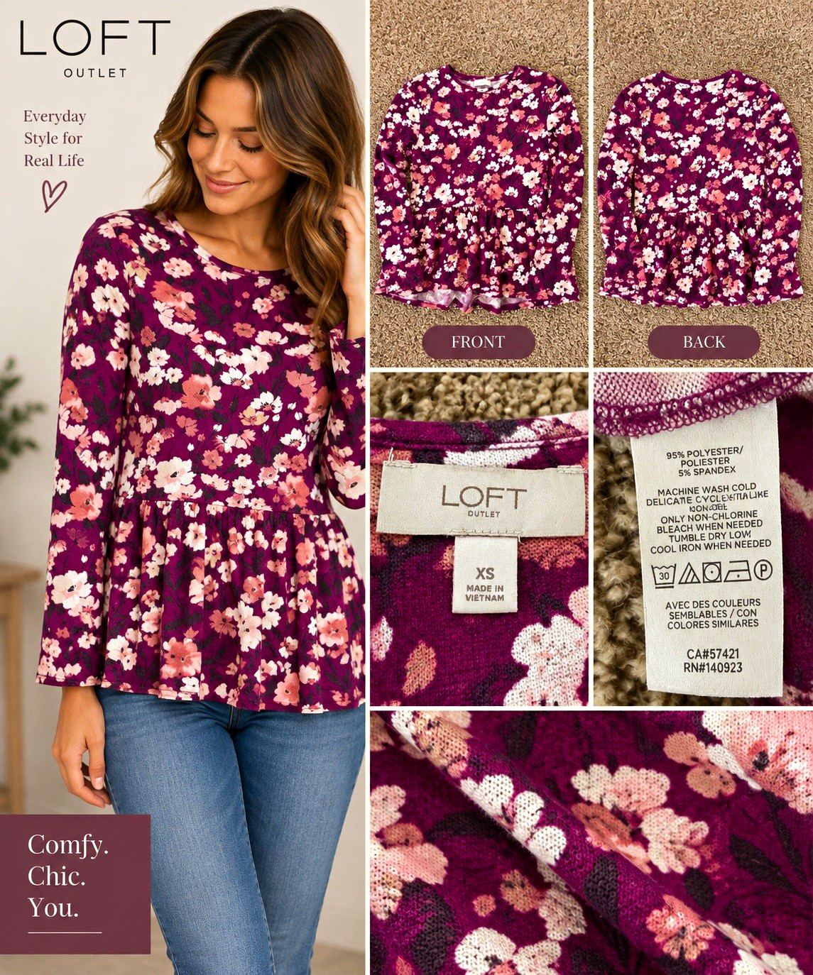 LOFT Outlet Purple Pink Floral Knit Round Neck Peplum Ruffle Top XS LOFT Outlet Purple Pink Floral Knit Round Neck Peplum Ruffle Top XS