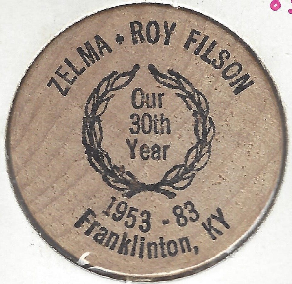 1983, Zelma & Roy Filson, 30th, Franklinton, Kentucky INDIAN HEAD Wooden Nickel 1983, Zelma & Roy Filson, 30th, Franklinton, Kentucky INDIAN HEAD Wooden Nickel