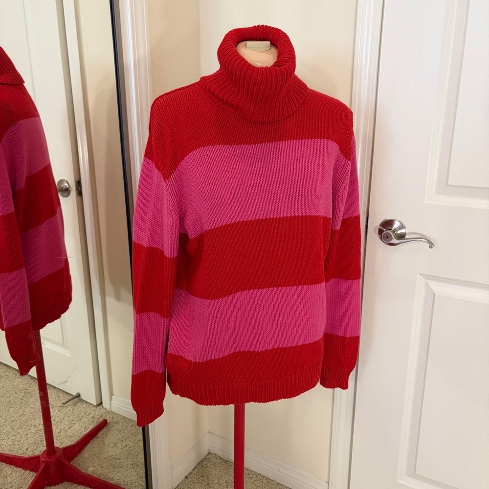 Isaac Mizrahi for Target Red Pink Striped Chunky Knit Turtleneck Sweater Large Isaac Mizrahi for Target Red Pink Striped Chunky Knit Turtleneck Sweater Large