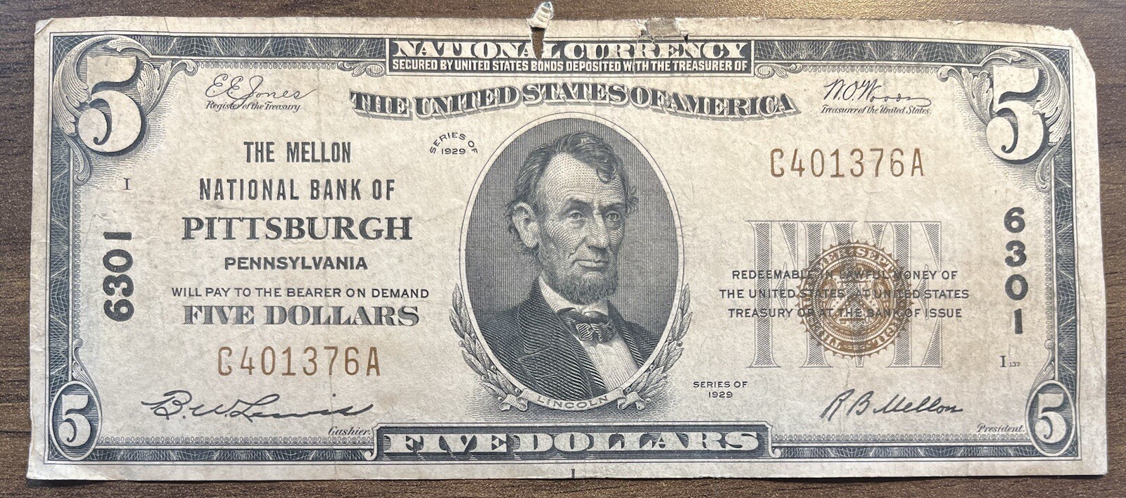 1929 Five Dollar Bill National Currency $5 Note - Pittsburgh Pennsylvania #85001