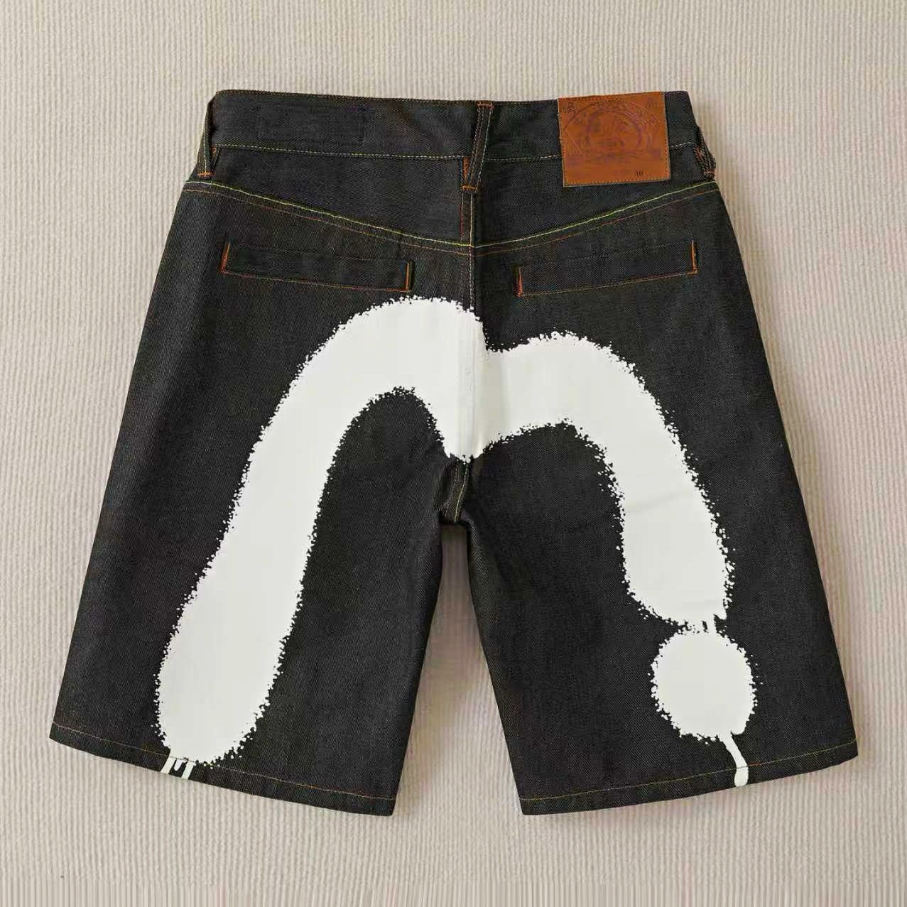 EVISU Men’s Black Denim Shorts White Painted Back Logo, Button Fly 5-Pocket EVISU Men’s Black Denim Shorts White Painted Back Logo, Button Fly 5-Pocket