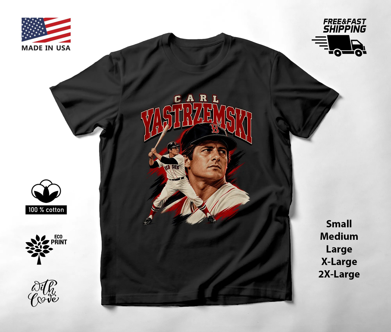 Carl Yastrzemski Baseball T-Shirt High Hands Batter Portrait Art Black