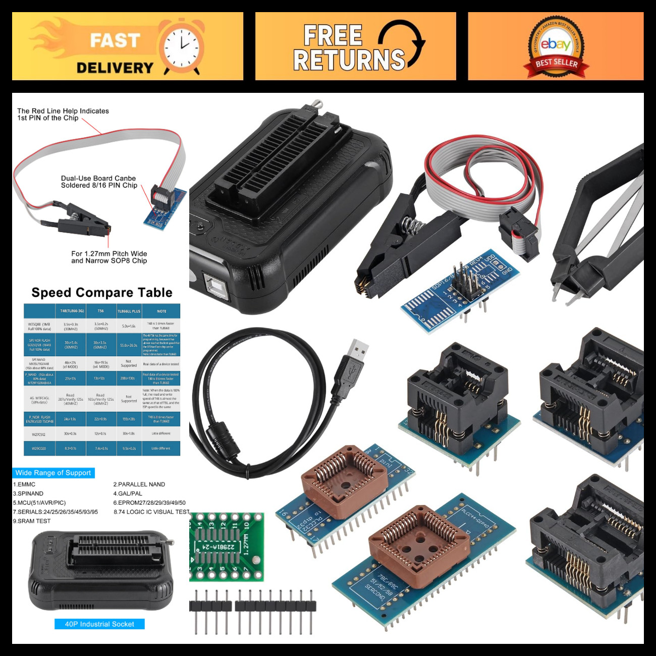 USB Programmer with 9 Adapters, Supports 31000 ICs for SPI/NOR/NAND/EMMC/EEPROM
