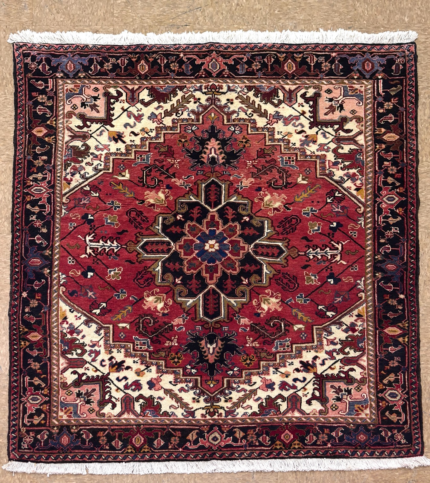 Vintage Heriz Tribal Geometric Hand Knotted Wool Red 5x6 Oriental Area Rug Boho