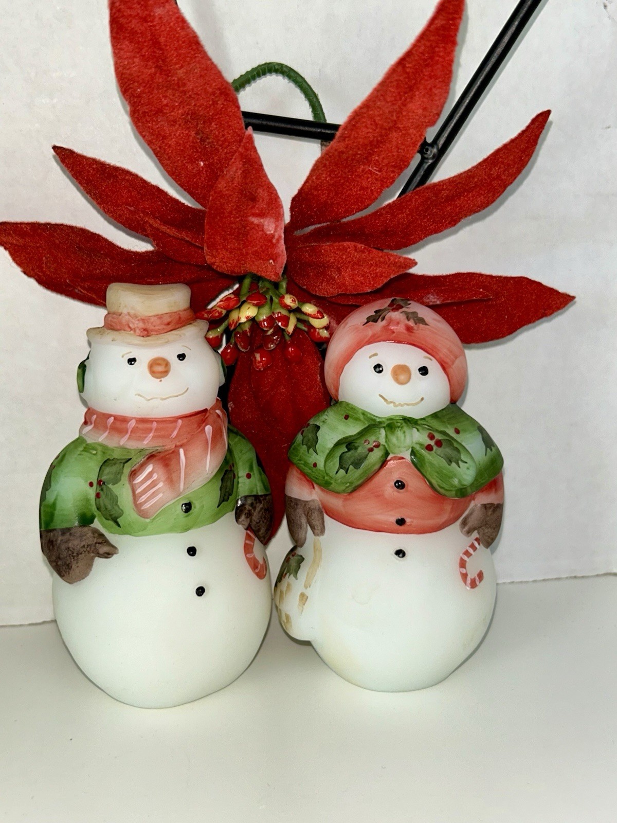 2 Fenton Frosty Friends 5268 &9 Hand Painted Snowman/Lady White Satin Glass 02’