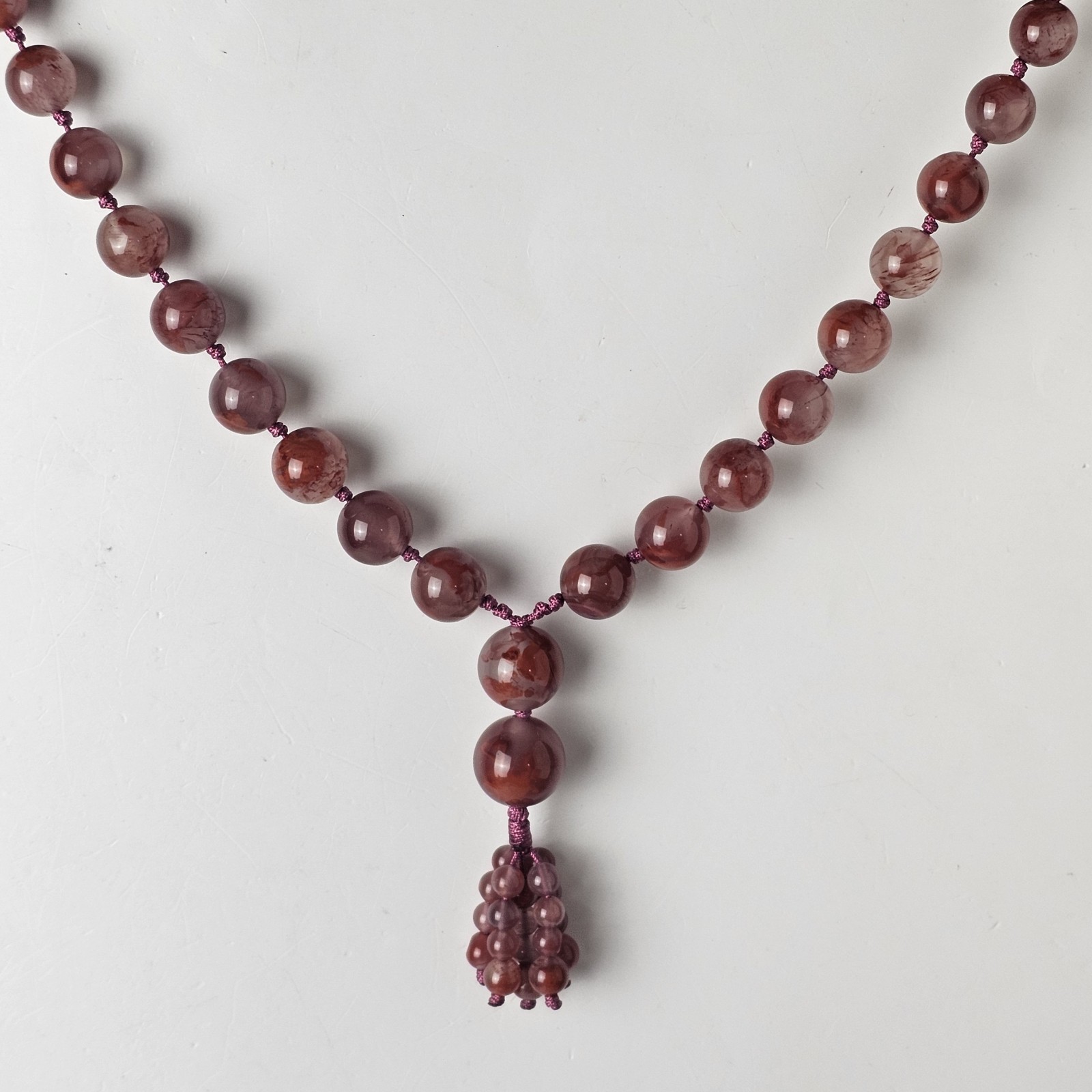 Vintage Natural Iron Included Chalcedony/ Plume Agate Bead Necklace Hand Knotted