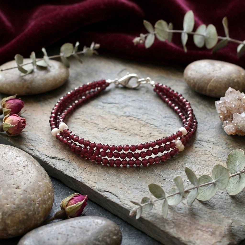 Unique Pearl & Garnet Faceted Gemstone Beads 3 Strand Layered Bracelet Gift 6-8