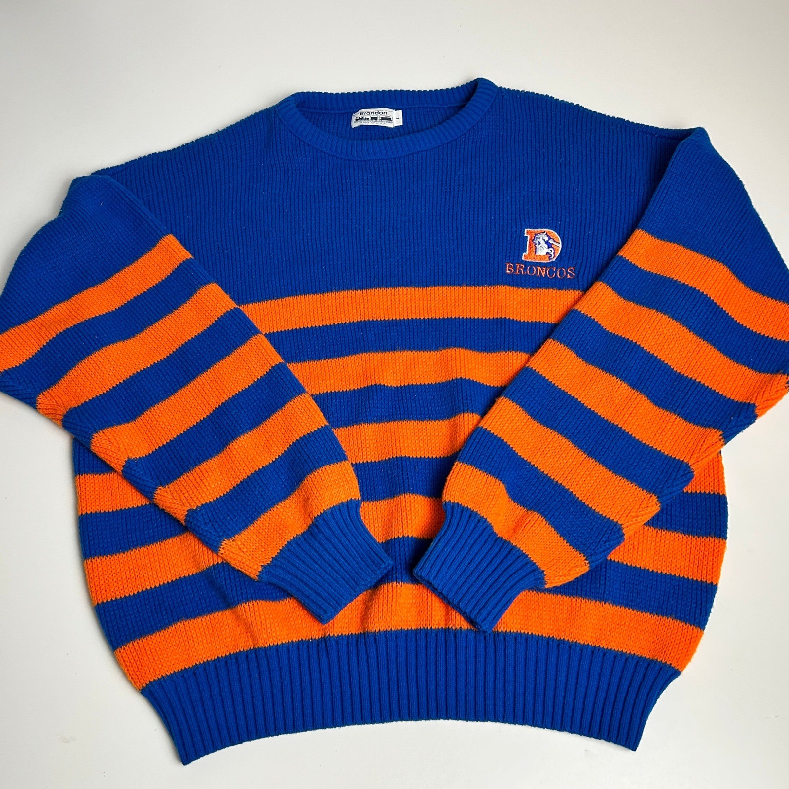 Vintage Denver Broncos Brandon Sweater Mens Large Blue Orange Striped Knit USA Vintage Denver Broncos Brandon Sweater Mens Large Blue Orange Striped Knit USA