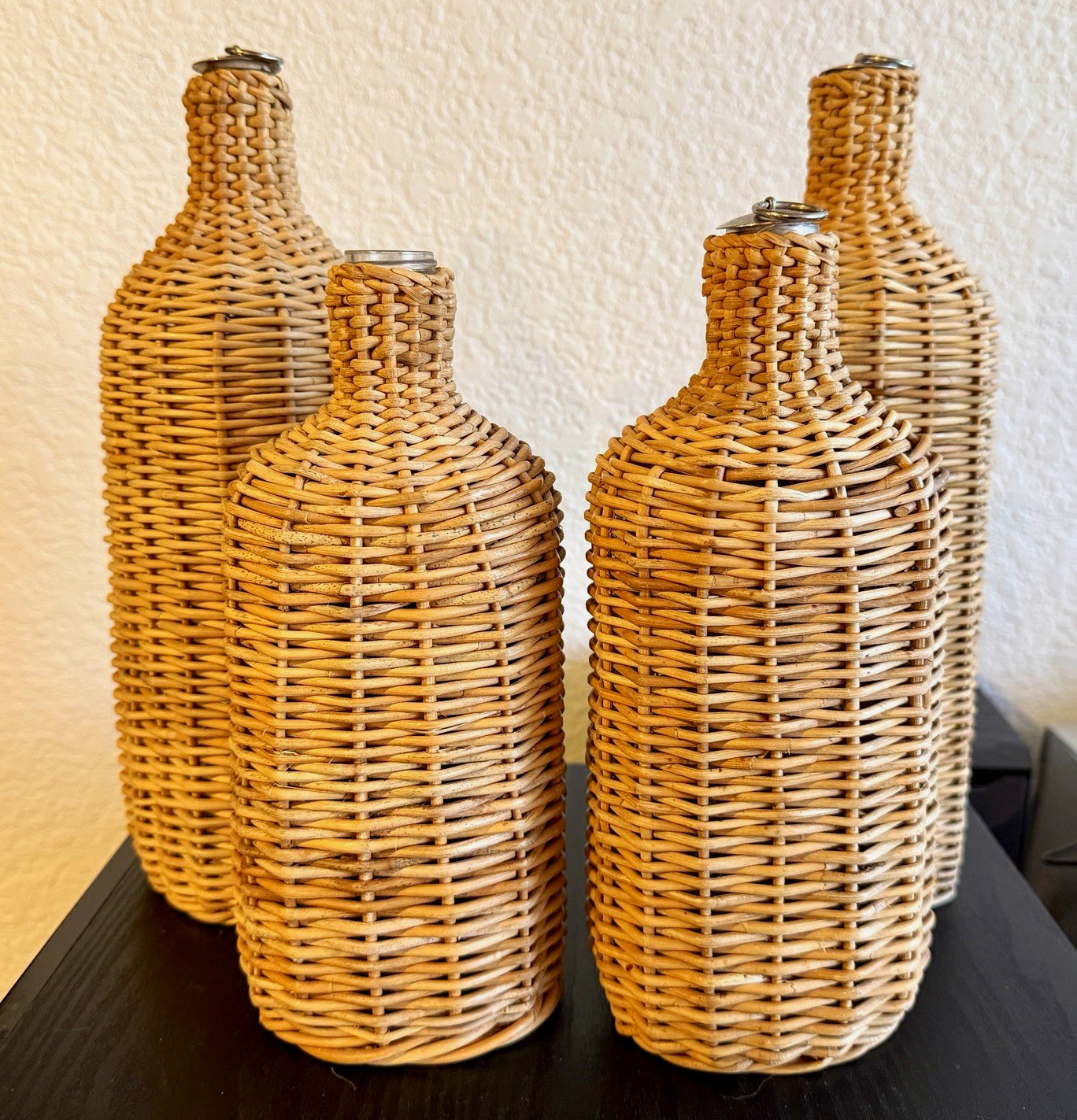 Vintage Chambers Wicker Wrapped Glass Bottles Set of 4 Rattan Decanter Vase Boho