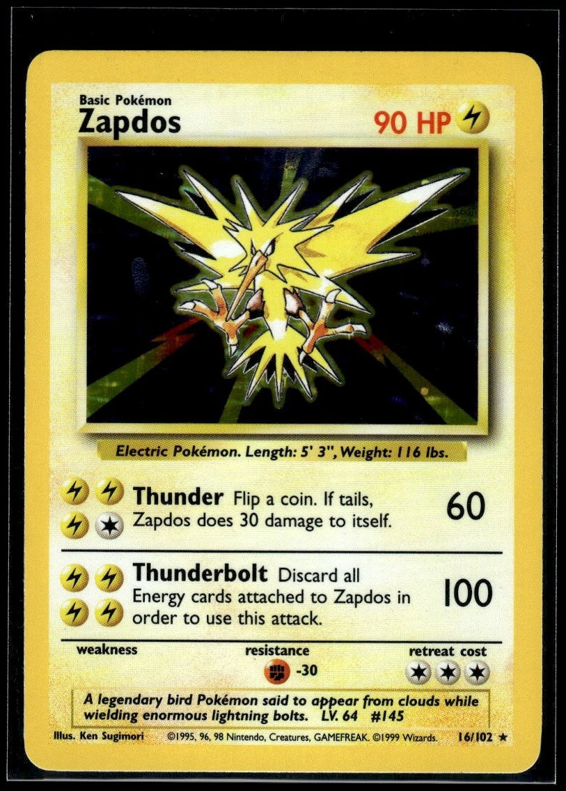 Pokemon Zapdos Unlimited Holofoil 16 Base Rare Holo