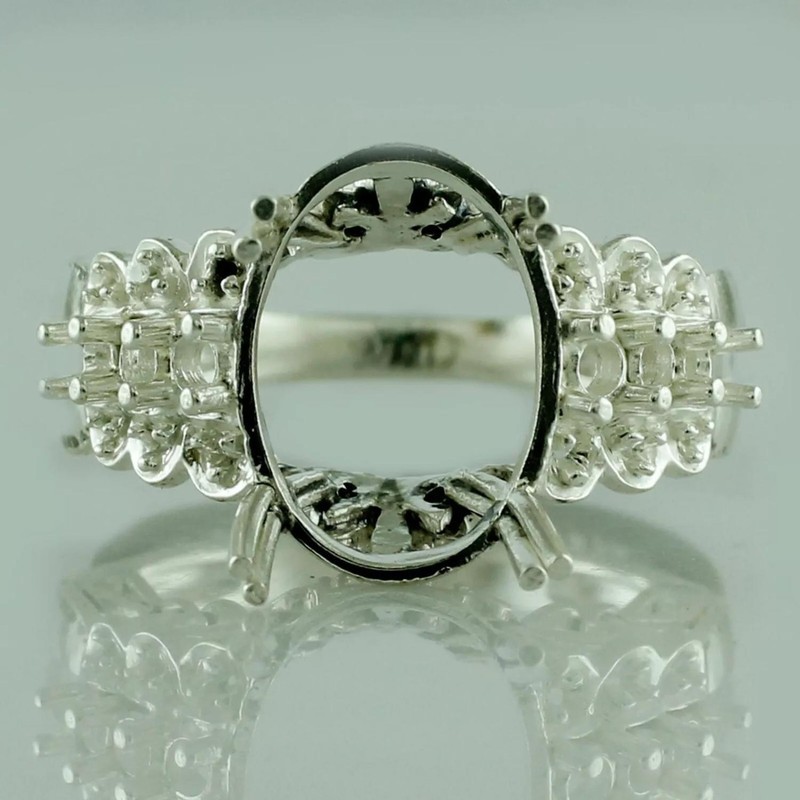 14x10mm Oval Semi Mount Ring 925 Silver Triple Row Side Accent Solitaire Ring