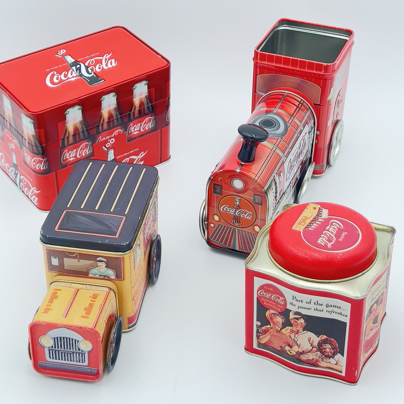 Vintage Coca Cola Tin lot Truck Train Bottle Crate & Advertising Tins