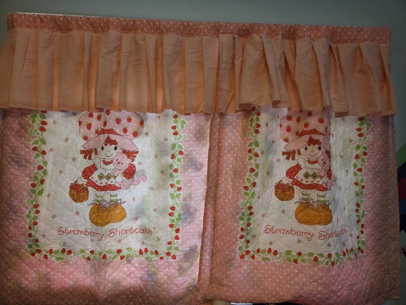 Vintage Homemade Strawberry Shortcake Curtains. Each Panel 40x33in
