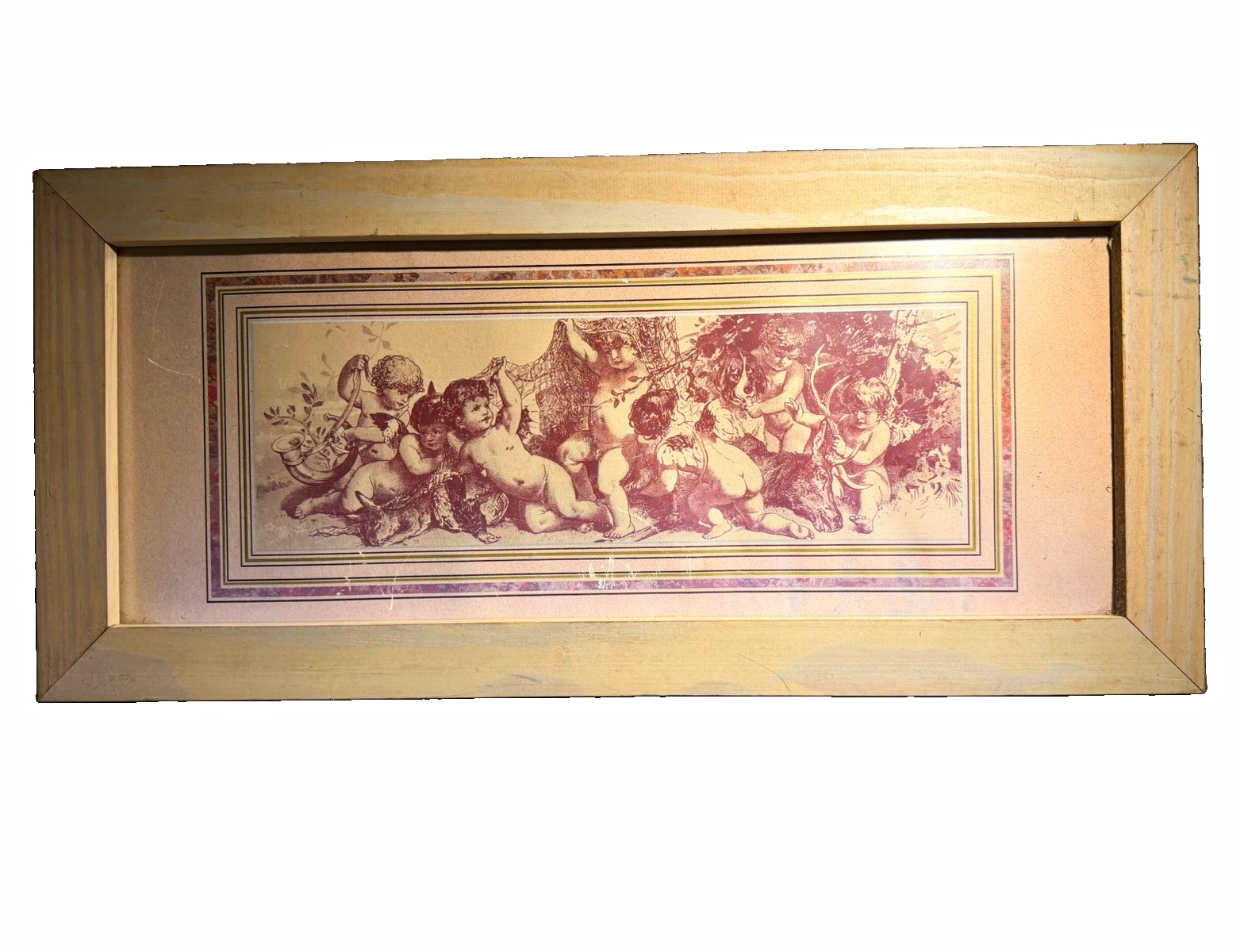 Vintage Framed Cherub & Angel Landscape Print on Paper, Wood Frame Vintage Framed Cherub & Angel Landscape Print on Paper, Wood Frame