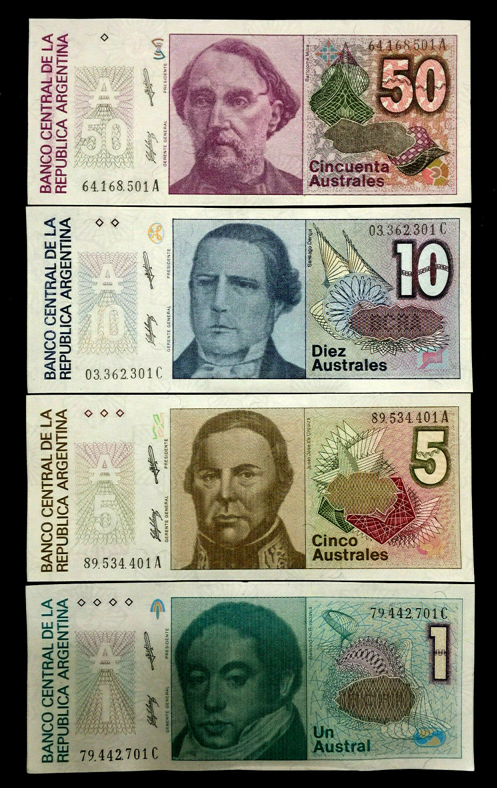 Argentina 50,10,5,1 Austral 1986 Banknote World Paper Money UNC Currency Bill Argentina 50,10,5,1 Austral 1986 Banknote World Paper Money UNC Currency Bill