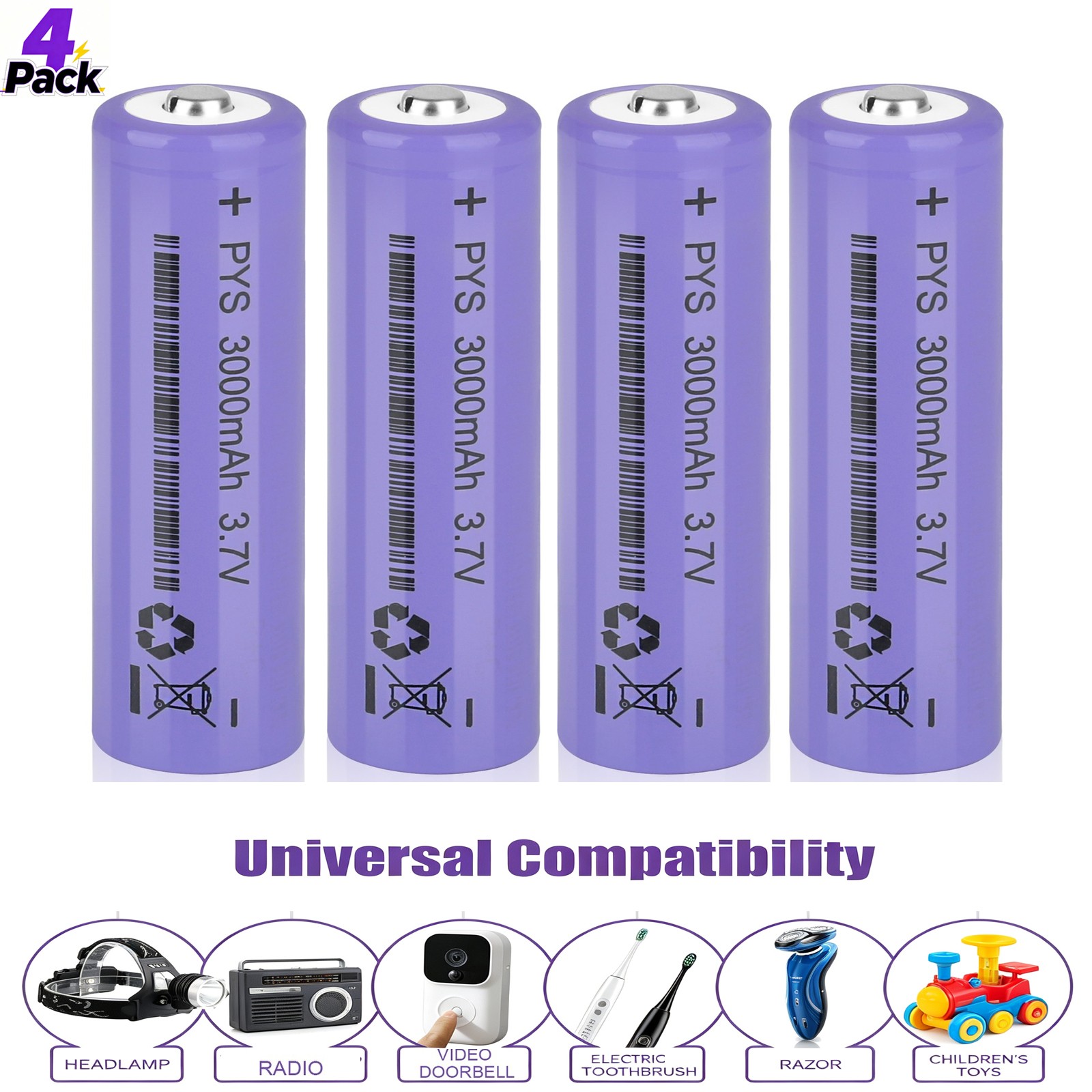 4PCS 3000mAh Button Top Battery Rechargeable 3.7V Li-ion for Torch Headlight