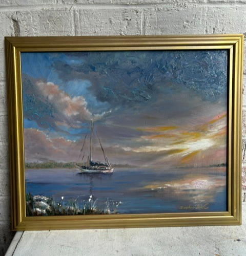 Sophie Dare Original Art 12x16 Oil painting  Sailboat at Dawn in Gold Frame