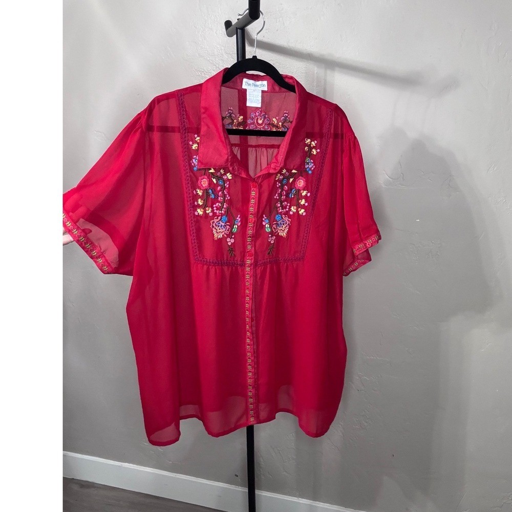The Paragon Vintage Red Embroidered Floral Boho Peasant Blouse 3X 90s Y2K