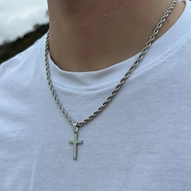 Stainless Steel Cross Pendant Necklace Hip Hop Simple Chain Silvery Gift Men New