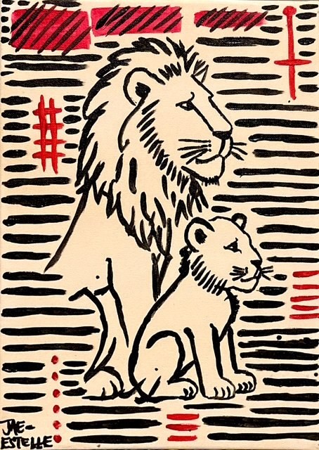 Jae Estelle Original Acrylic 11x14 Red Folk Lion And Cub Painting Signed Canvas Jae Estelle Original Acrylic 11x14 Red Folk Lion And Cub Painting Signed Canvas