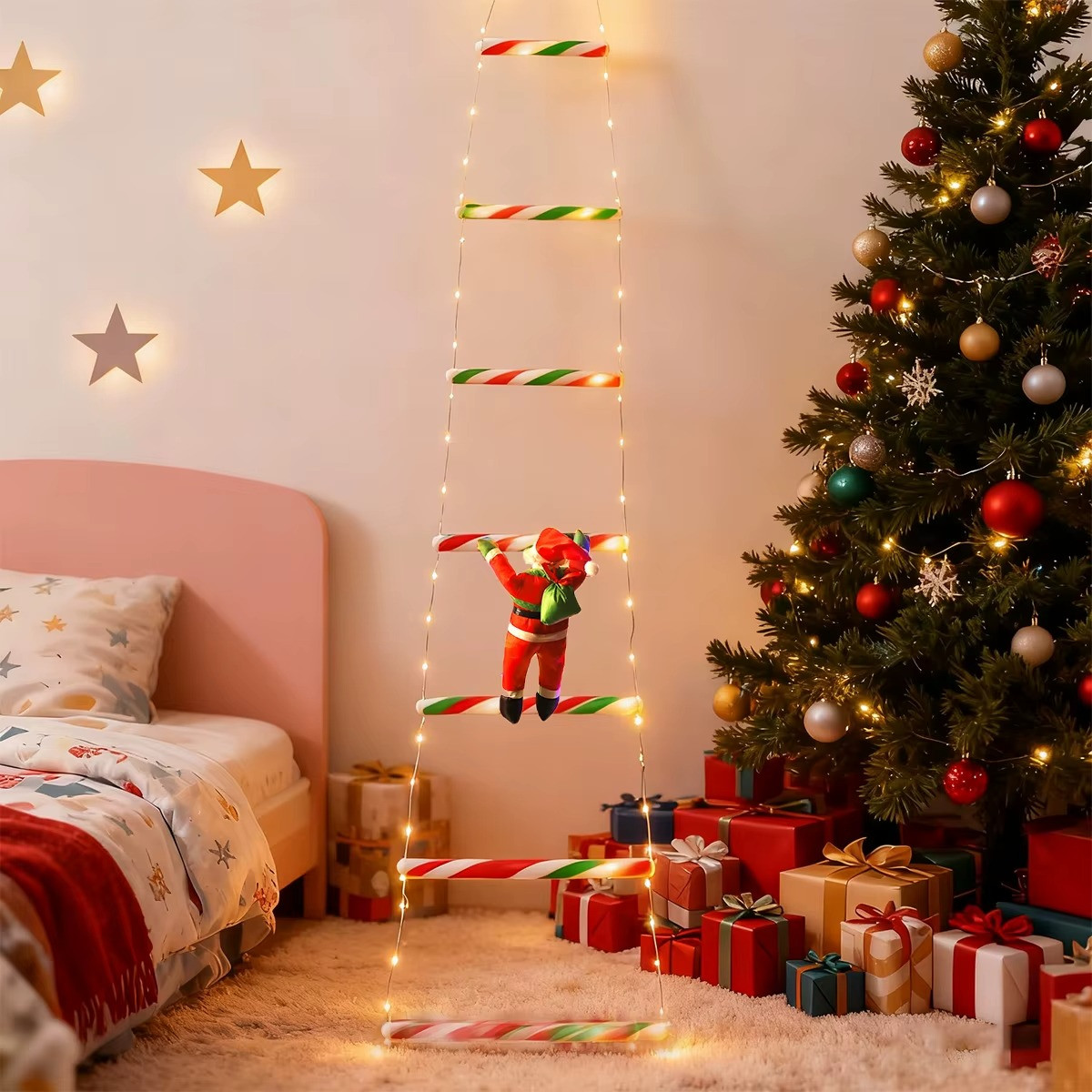 Hanging Santa Claus Climbing Ladder LED Light String Decor