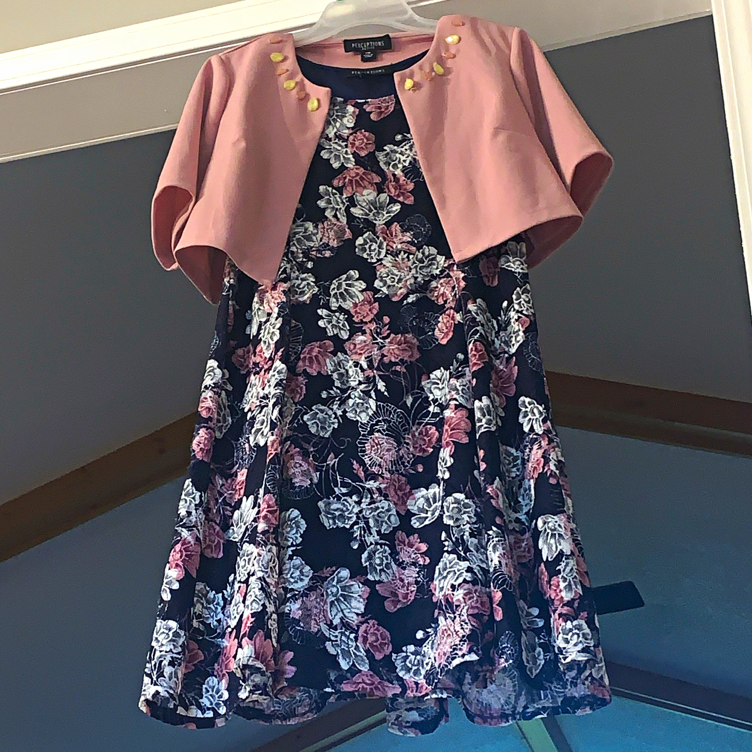 Perceptions Petite PM Floral Fit & Flare Knee Dress + Pink Jacket Overlay Perceptions Petite PM Floral Fit & Flare Knee Dress + Pink Jacket Overlay