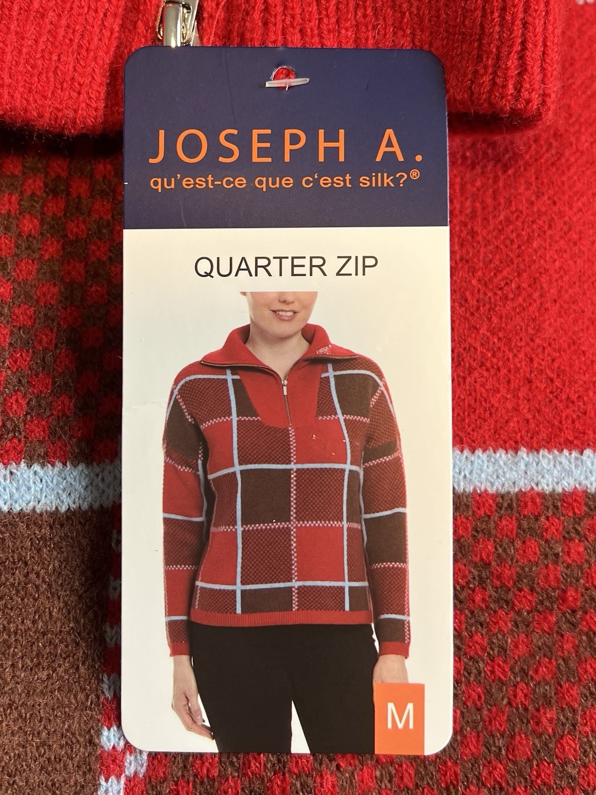 Joseph A. Women\'s Medium Quarter Zip Plaid Sweater Red Brown Blue NWT Joseph A. Women\'s Medium Quarter Zip Plaid Sweater Red Brown Blue NWT