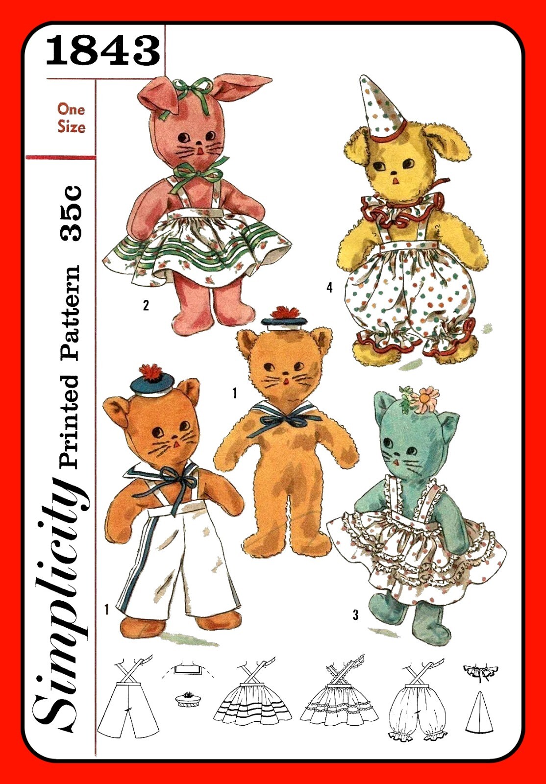 STUFFED Animal Pattern DOG CAT BUNNY w Clothes Toy Simplicity 1843 Vintage 1956 STUFFED Animal Pattern DOG CAT BUNNY w Clothes Toy Simplicity 1843 Vintage 1956
