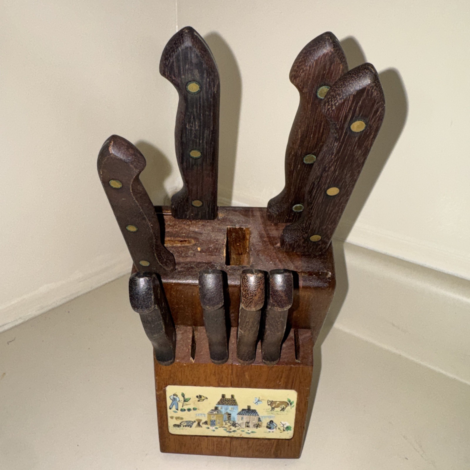 Vintage Heartland Wood Knife Block Set Country Folk Art 8 Knives - Beautiful