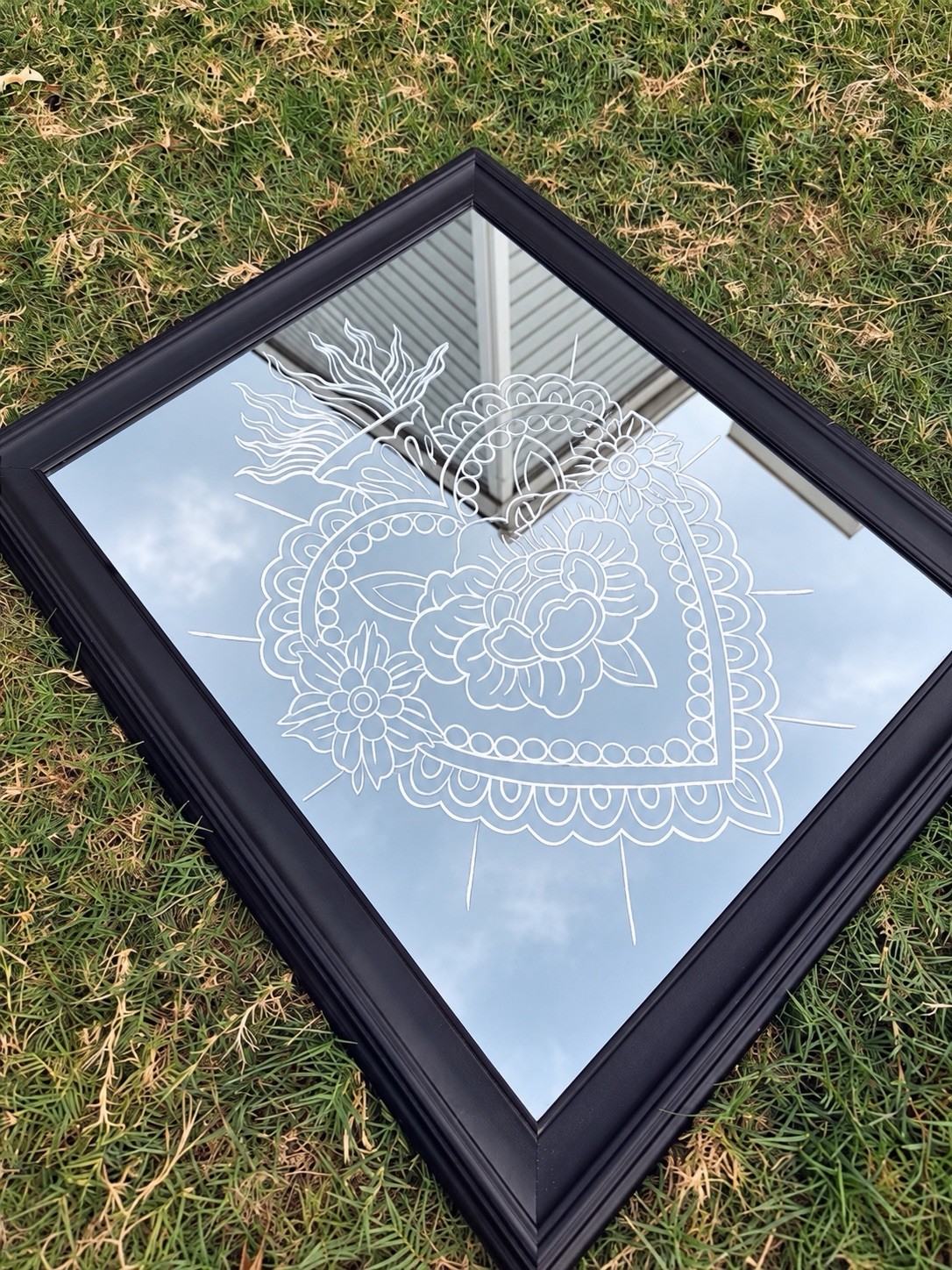 Original Hand Engraved Sacred Heart Mirror Tattoo Art 19x24
