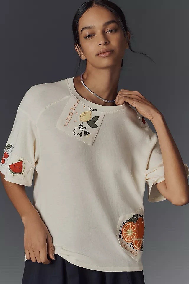Maeve Anthropologie Women’s L Embroidered Fruit Patch Boxy Top Cream Cotton Top