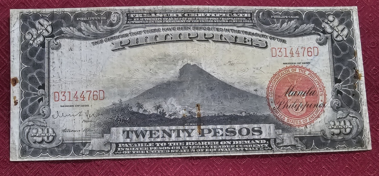 PHILIPPINES 20 PESOS 1936 TREASURY CERTIFICATE - FINE W/ STAPLE HOLES