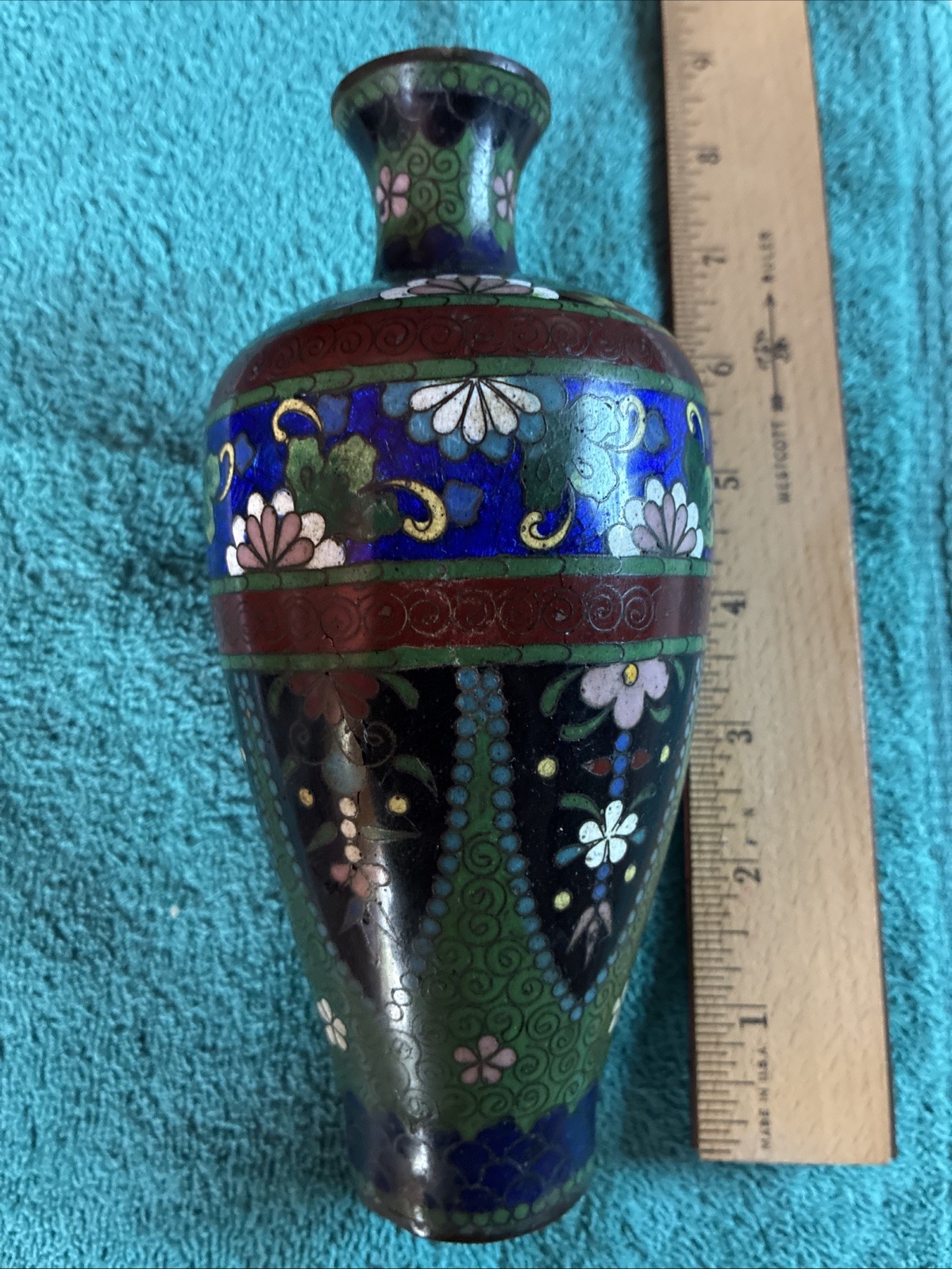 Cloisonne Vase Antique Japanese Gorgeous Blues and Greens. Slightly Dented+ Chip