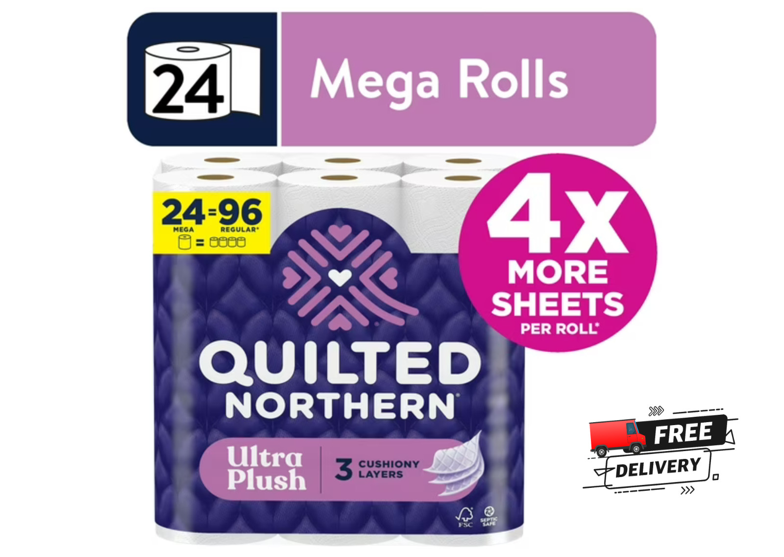 Quilted Northern Ultra Plush 3-Ply Toilet Paper, 12 Mega Rolls Each- 2 Pack Quilted Northern Ultra Plush 3-Ply Toilet Paper, 12 Mega Rolls Each- 2 Pack